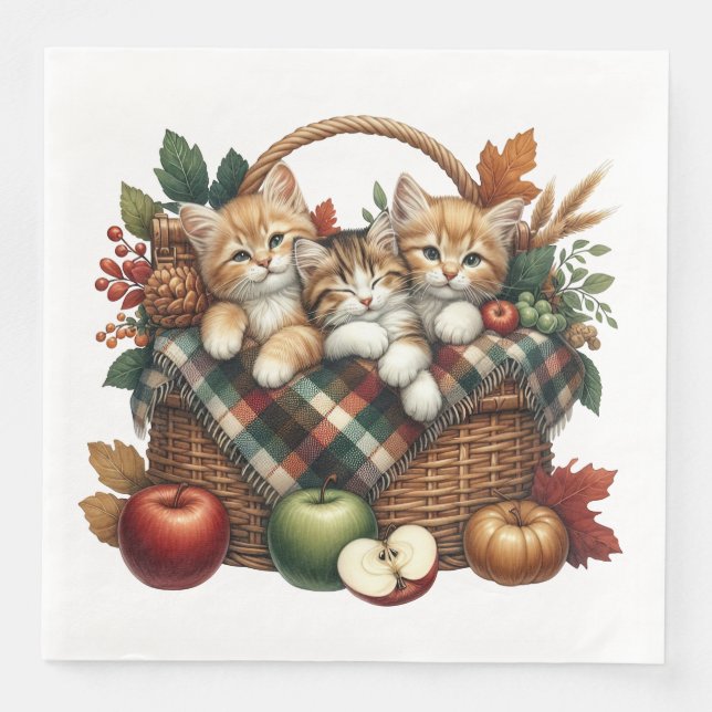 ADORABLE FALL AUTUMN THEMED KITTENS & CATS PAPER DINNER NAPKINS (Front)
