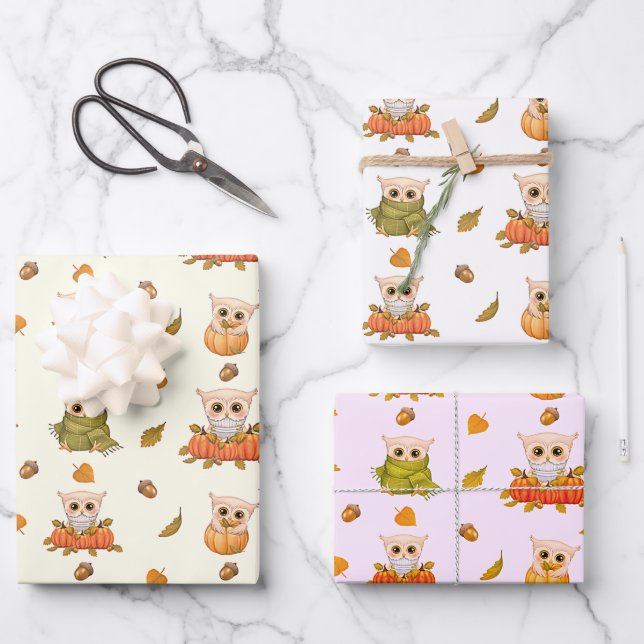 Adorable Fall Owls 2 Wrapping Paper Sheets (Front)
