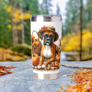 ADORABLE FALL THEMED BOXER DOG WITH HAT INSULATED TUMBLER