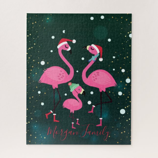 Adorable Family Flamingos Santa Hat Green Jigsaw Puzzle (Vertical)
