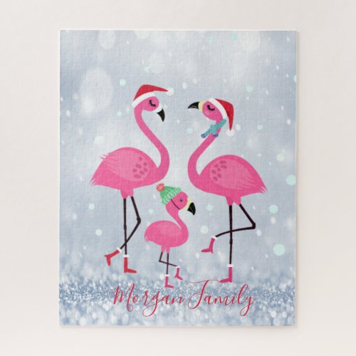 Adorable Family Flamingos Santa Hat Jigsaw Puzzle