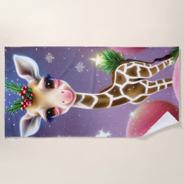 Adorable Fantasy Baby Giraffe with Holly Beach Towel