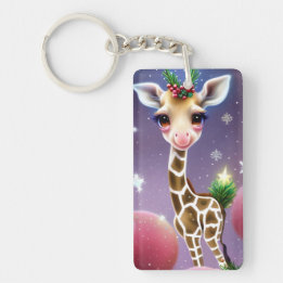 Adorable Fantasy Baby Giraffe with Holly Keychain