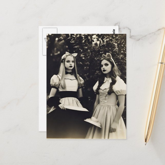 Adorable Fantasy Characters Black and White Postcard (Front/Back In Situ)