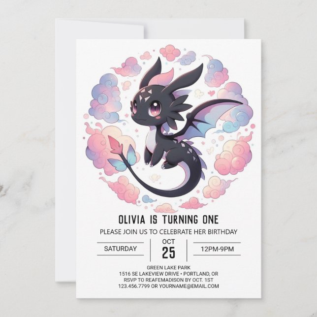 Adorable Fantasy Dragon 1st Birthday Invitation (Front)