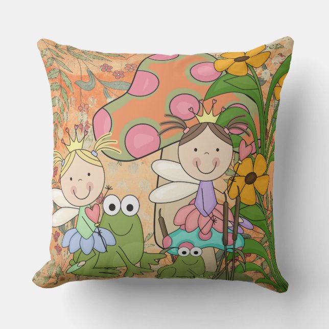 Adorable Fantasy Fairy Garden Faeries Frogs Throw Pillow (Front)