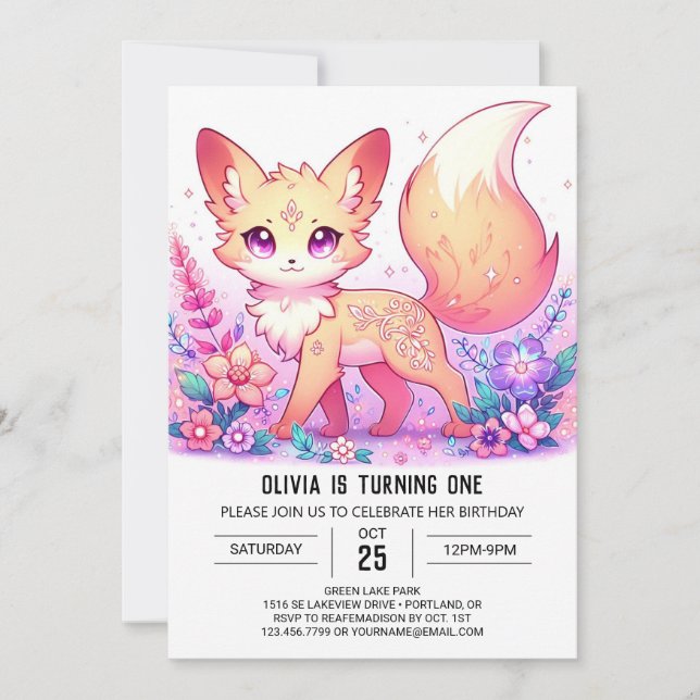Adorable Fantasy Fox 1st Birthday Invitation (Front)