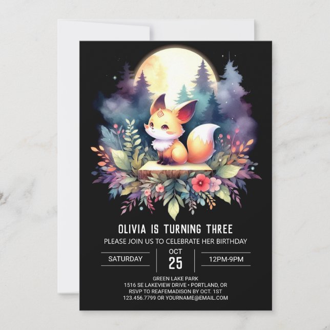  Adorable Fantasy Fox Birthday digital Invitation (Front)