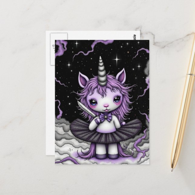 Adorable Fantasy Purple Unicorn Tutu With Knife  Postcard (Front/Back In Situ)