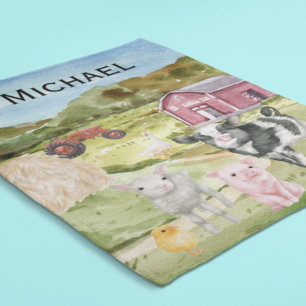 Adorable Farm Animals Watercolor Barn Monogram Fleece Blanket
