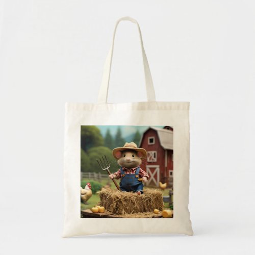 Adorable Farmer Mouse on Hay Tote Bag