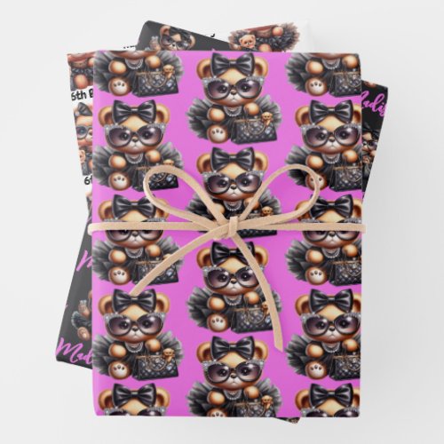 Adorable Fashionista Teddy Bear Pink  Black Wrapping Paper Sheets
