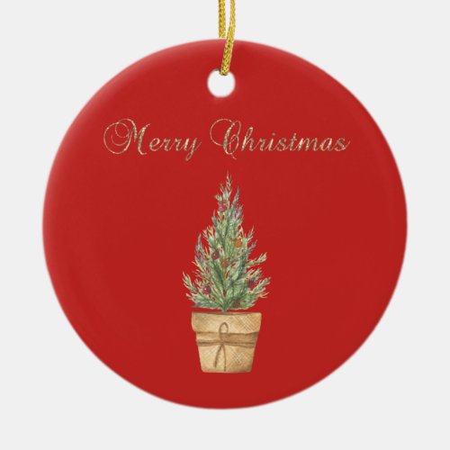 Adorable Faux Gold Christmas  Tree Red Ceramic Ornament