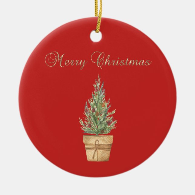 Adorable Faux Gold ,Christmas  Tree Red Ceramic Ornament (Front)