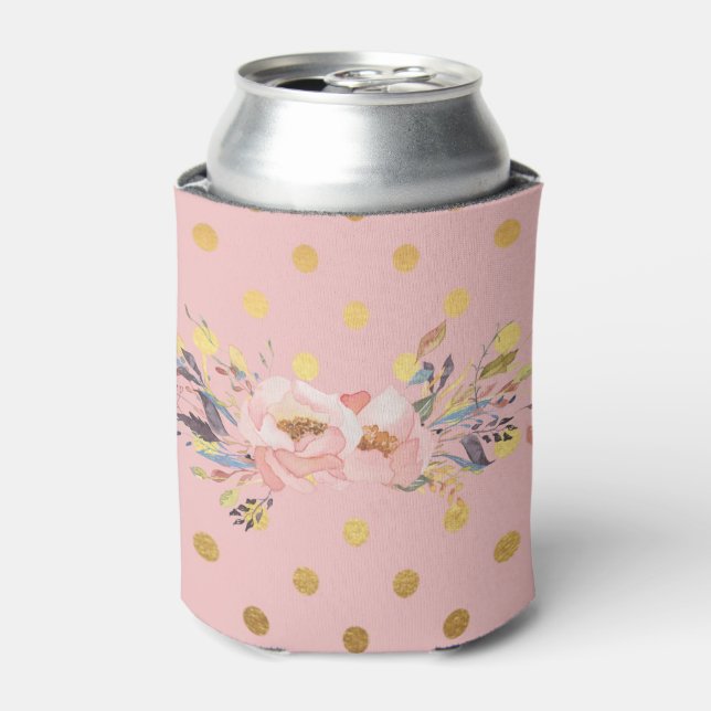 Adorable  Faux Gold Polka Dots Flowers Can Cooler (Can Front)