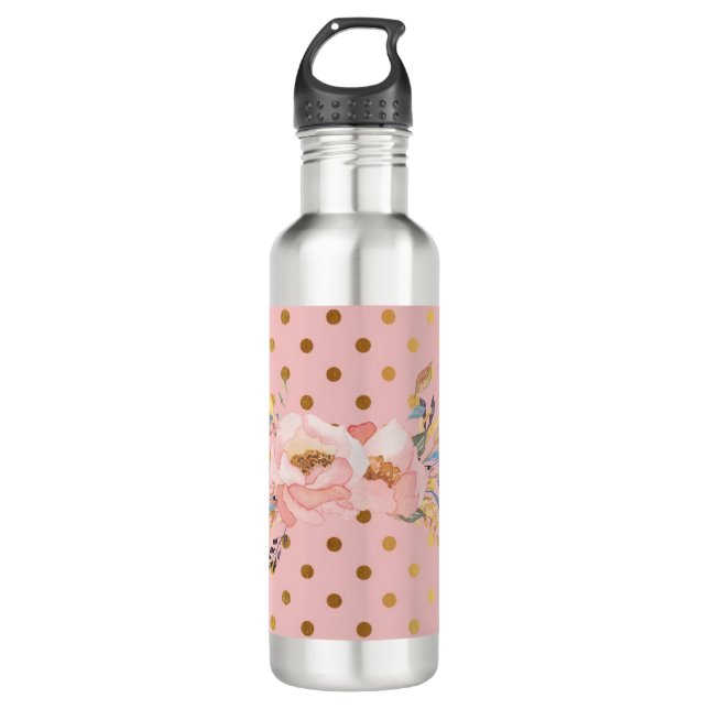 Adorable  Faux Gold Polka Dots Flowers Stainless Steel Water Bottle (Front)
