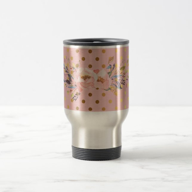 Adorable  Faux Gold Polka Dots Flowers Travel Mug (Center)