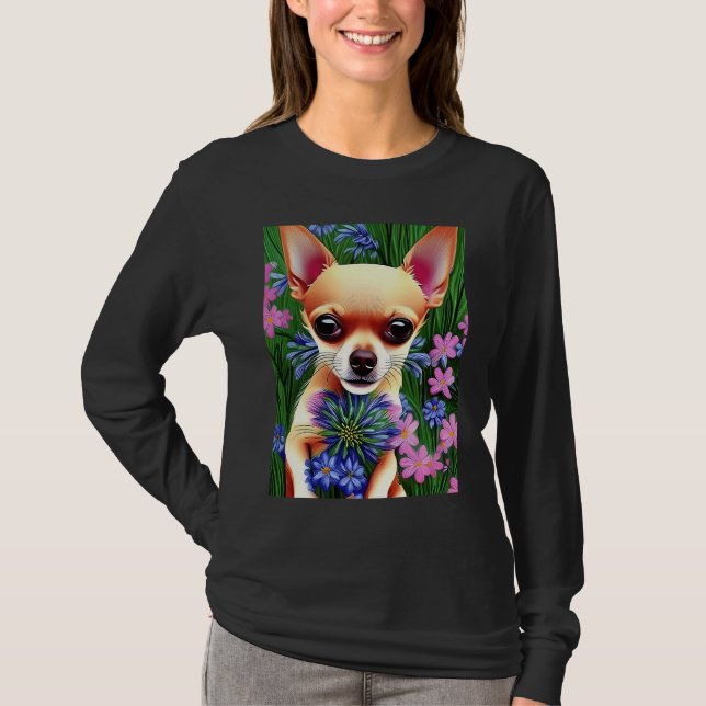 Adorable Fawn Chihuahua Playing in Flowers T-Shirt (Front)