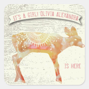 Adorable Fawn Its a Girl Watercolor Deer Barn Wood Square Sticker