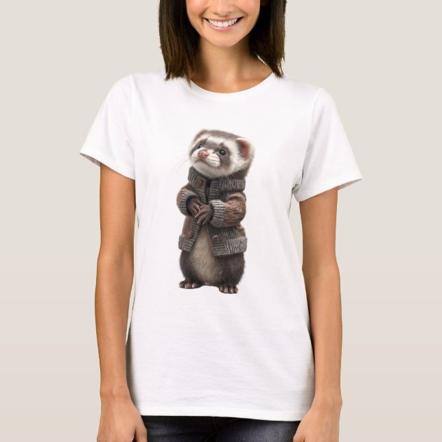Adorable Ferret in Knitted Brown Cardigan T-Shirt (Front)