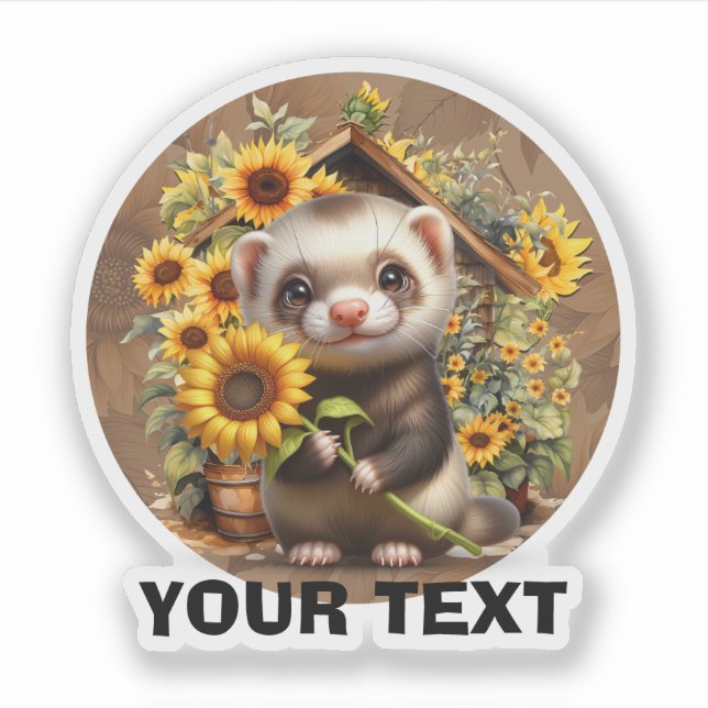 Adorable Ferret with Sunflowers Customizable. Sticker (Front)