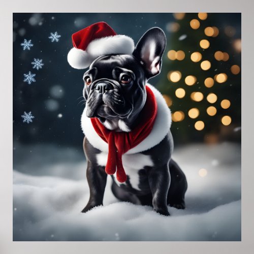 Adorable Festive Christmas French Bulldog in Snow Poster