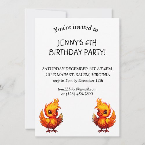 Adorable Fiery Cartoon Baby Phoenix Birthday Invitation