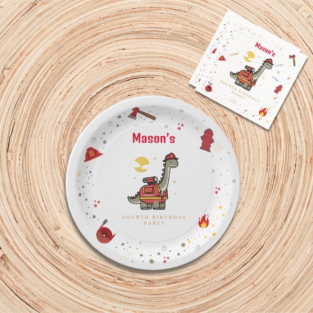 Adorable Firefighter Dino  birthday  Paper Plates (Creator Uploaded)