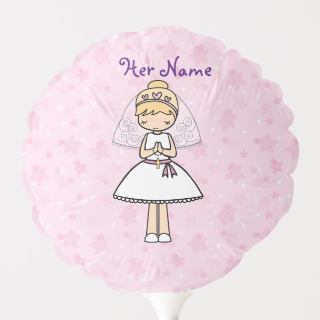 Adorable First Holy Communion blonde girl name Balloon (Front)