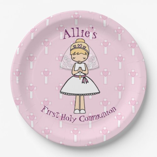 Adorable First Holy Communion blonde girl name Paper Plates