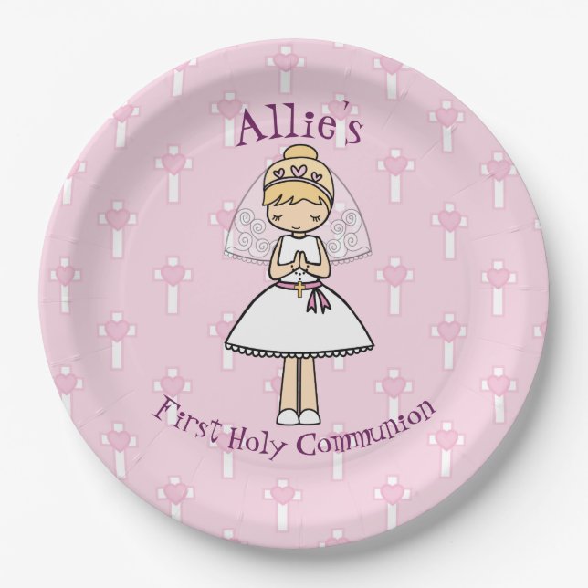 Adorable First Holy Communion blonde girl name Paper Plates (Front)