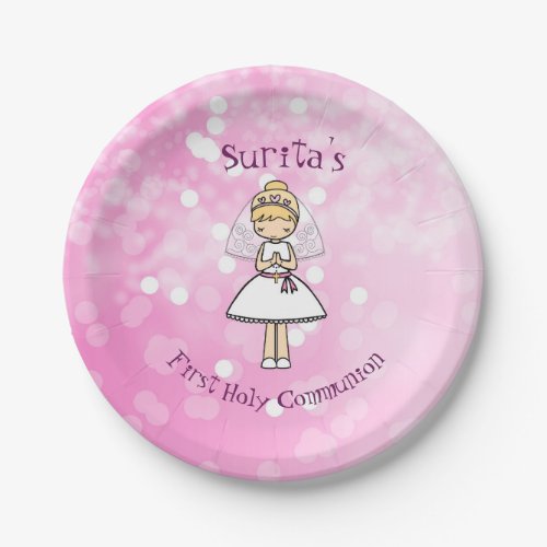 Adorable First Holy Communion blonde girl name Paper Plates