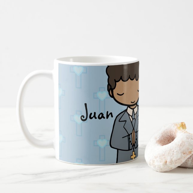 Adorable First Holy Communion boy blue name Coffee Mug (With Donut)