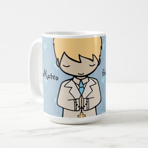 Adorable First Holy Communion boy blue name Coffee Mug