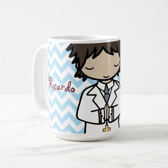 Adorable First Holy Communion brunette boy Coffee Mug (Front Left)