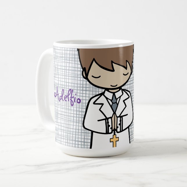 Adorable First Holy Communion brunette boy Coffee Mug (Front Left)