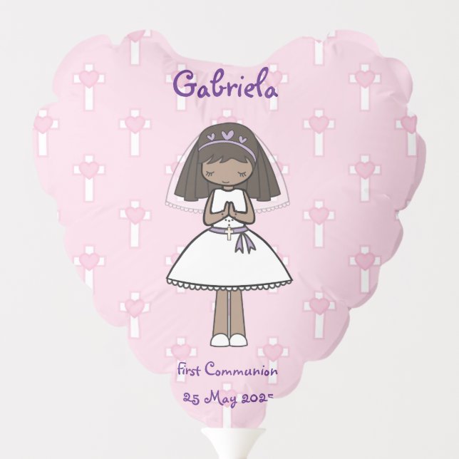 Adorable First Holy Communion brunette girl name Balloon (Back)