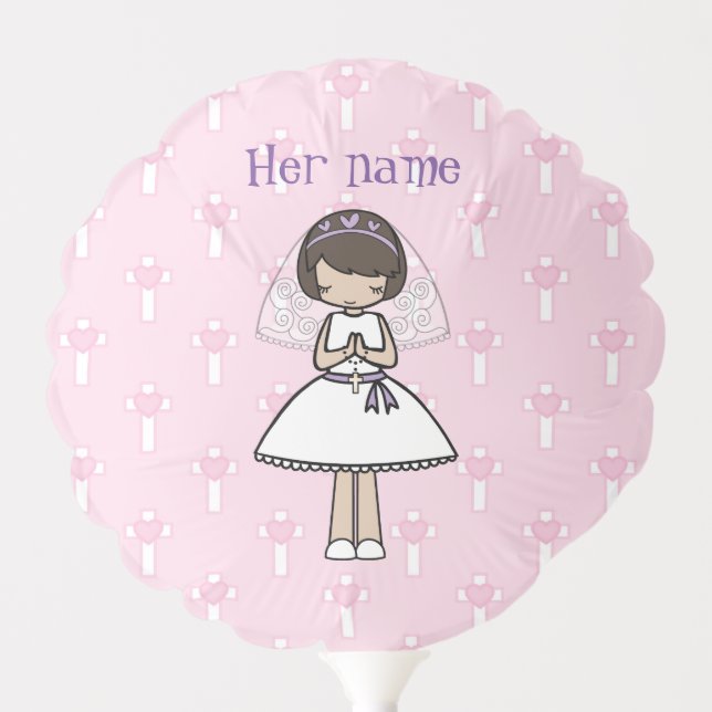 Adorable First Holy Communion brunette girl name Balloon (Front)