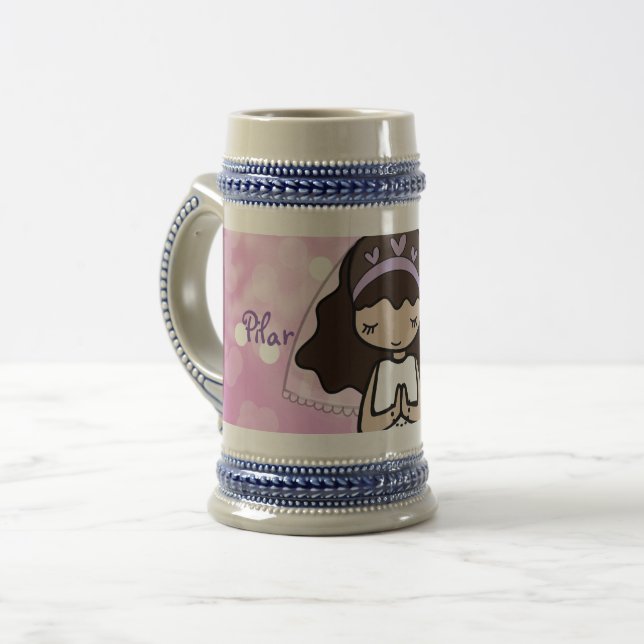 Adorable First Holy Communion brunette girl name Beer Stein (Front Left)