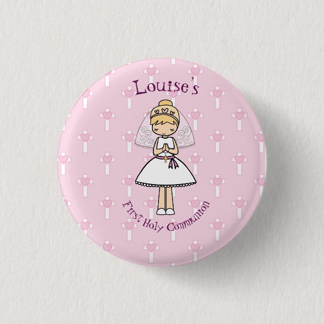 Adorable First Holy Communion little blonde girl Button (Front)
