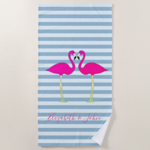 Adorable Flamingos in Love On Stripes-Personalized Beach Towel