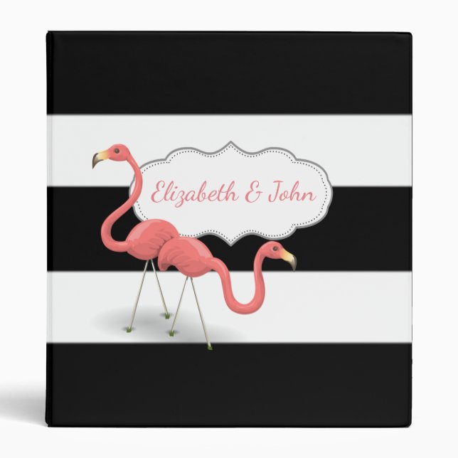 Adorable Flamingos In Love, Stripes -Personalized 3 Ring Binder (Front)