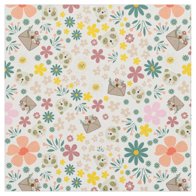 Adorable floral and animals girly fabric white (Close Up)