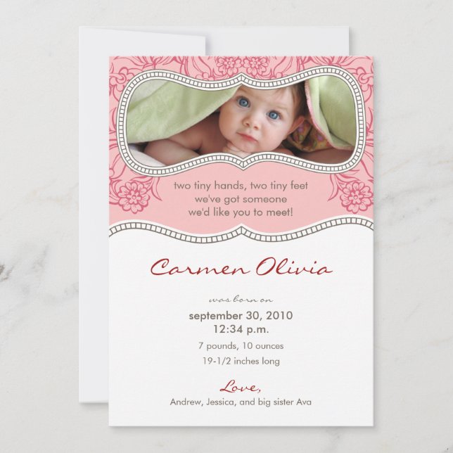 Adorable Floral Birth Announcement (pink) (Front)