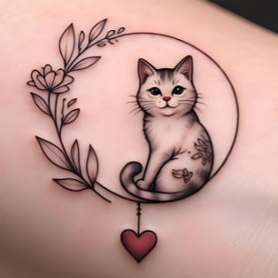 Adorable Floral Cat Circle with Heart Pet Lover Temporary Tattoos