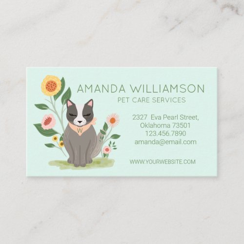 Adorable Floral Cat Pet Care Services Green Business Card