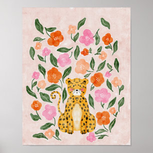 Adorable Floral Cheetah: Charming Watercolor Poster