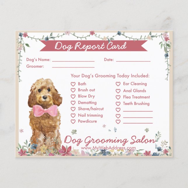 Adorable Floral Cockapoo Dog Grooming Report Card Flyer (Front)