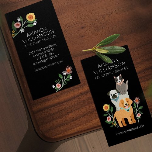 Adorable Floral Dog  Cat Pet Care Services Black Business Card