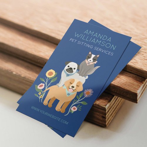 Adorable Floral Dog  Cat Pet Care Services Blue Business Card